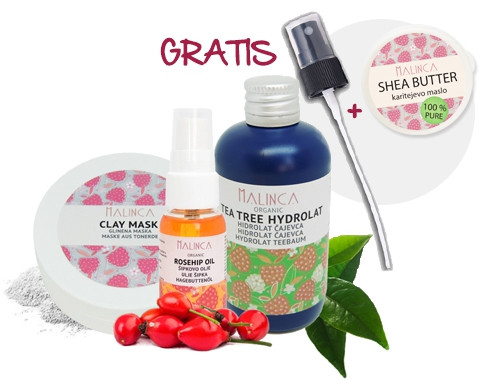 Paket nečista koža (bio šipkovo olje, hidrolat čajevca, glinena maska) + karite maslo